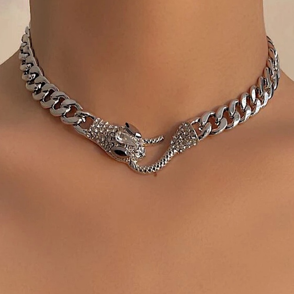 Silver Snake Hook Closure Zircon Choker